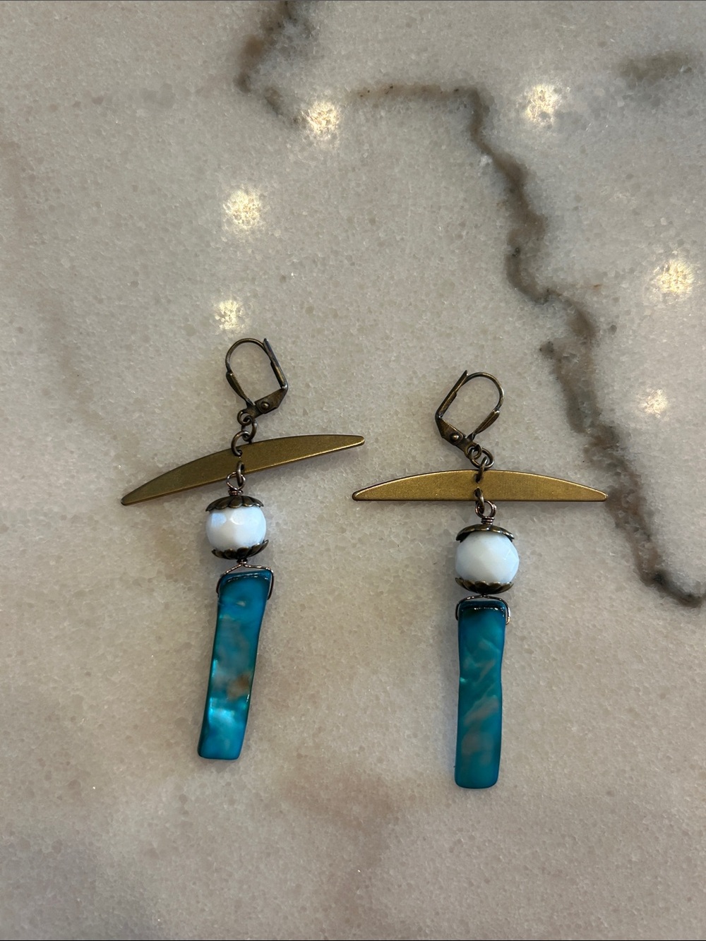 Blue Teal Shell Drop Earrings with White Bead